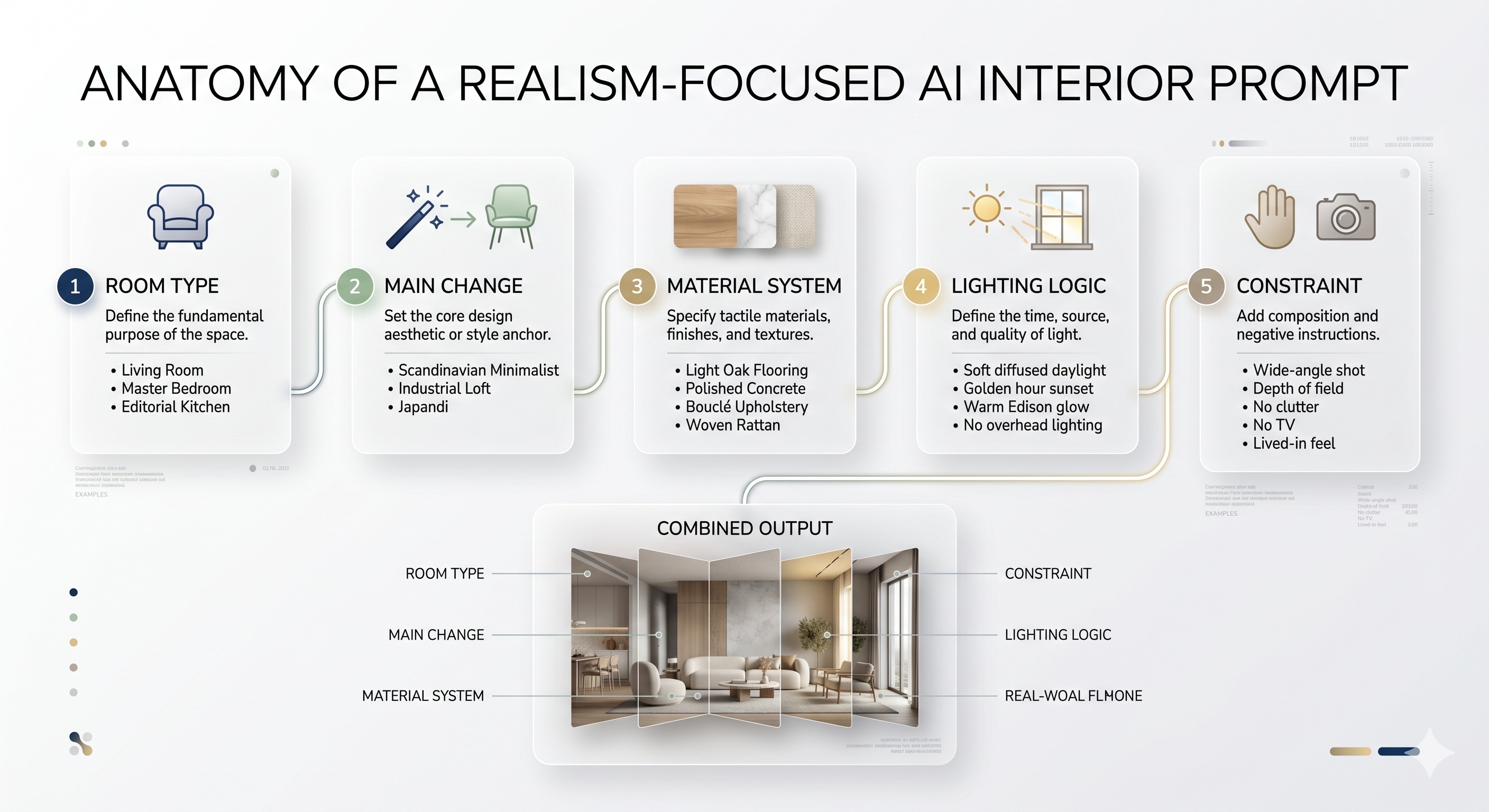 Educational visual showing how constraints preserve room realism and architectural honesty in AI interiors