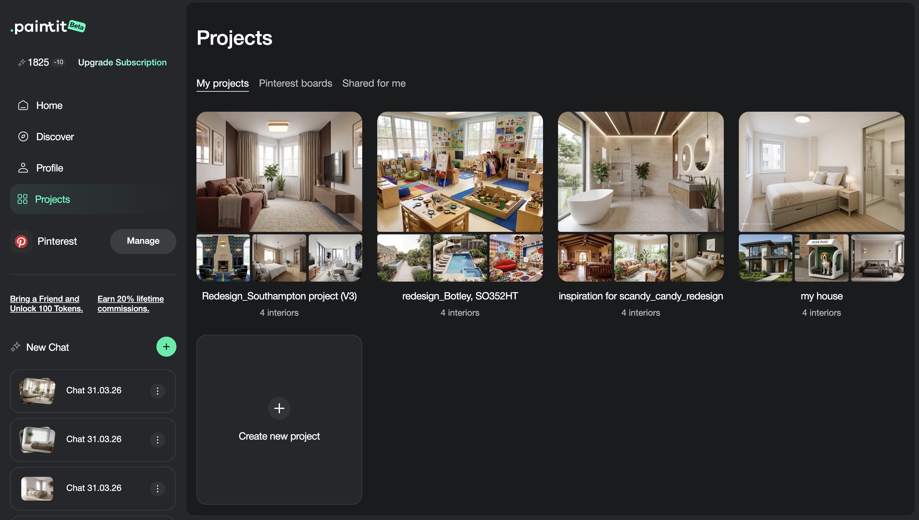 Paintit.ai projects or saved concepts view used to compare multiple full redesign versions