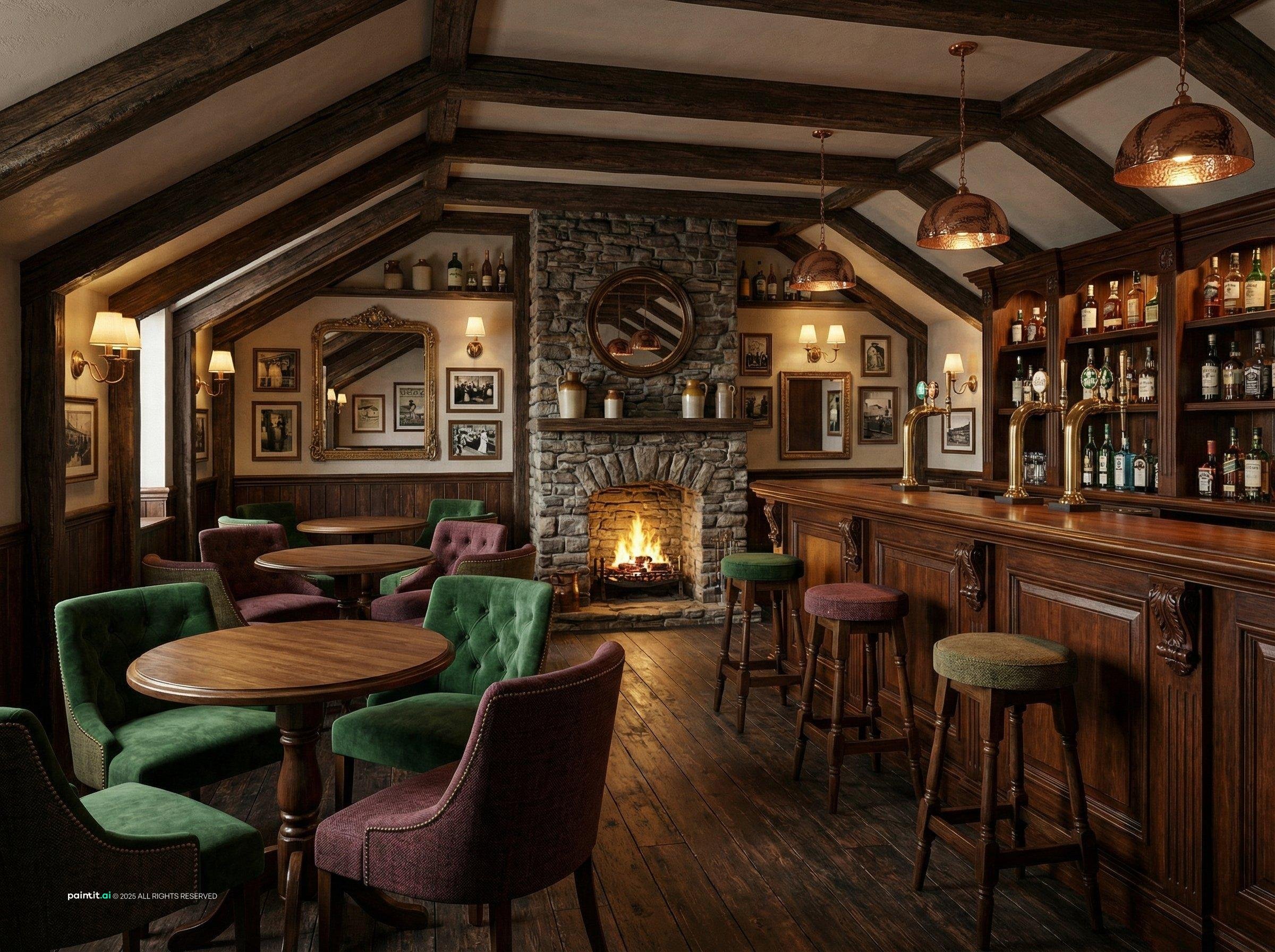 Irish pub built in an attic with timber beams, a stone fireplace, green armchairs and a long bar