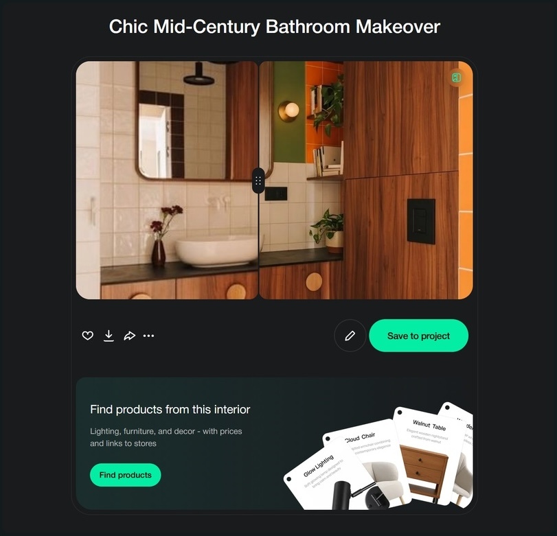 Paintit.ai result screen showing a generated bathroom concept with comparison view, save option, and product discovery panel.