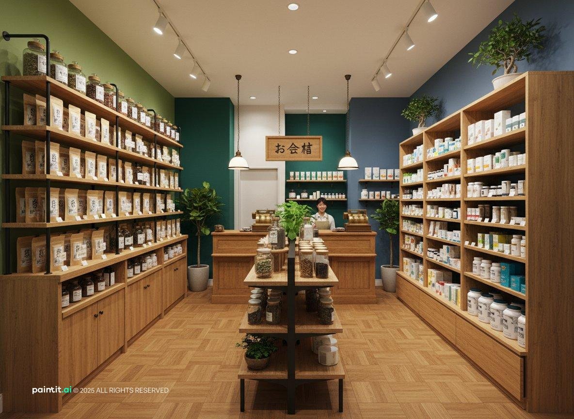 Japanese-style herbal shop with tall wooden shelves and a central display table