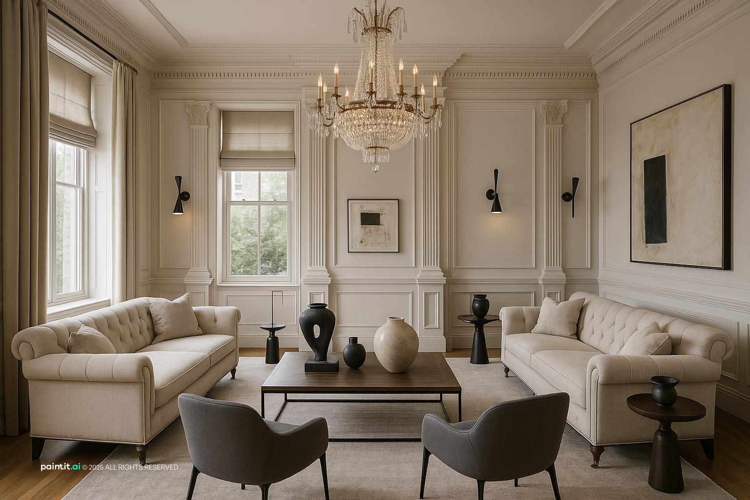 Elegant Neoclassical Living Room Design showing formal symmetry, layered neutrals for Formal Living Room Ideas.
