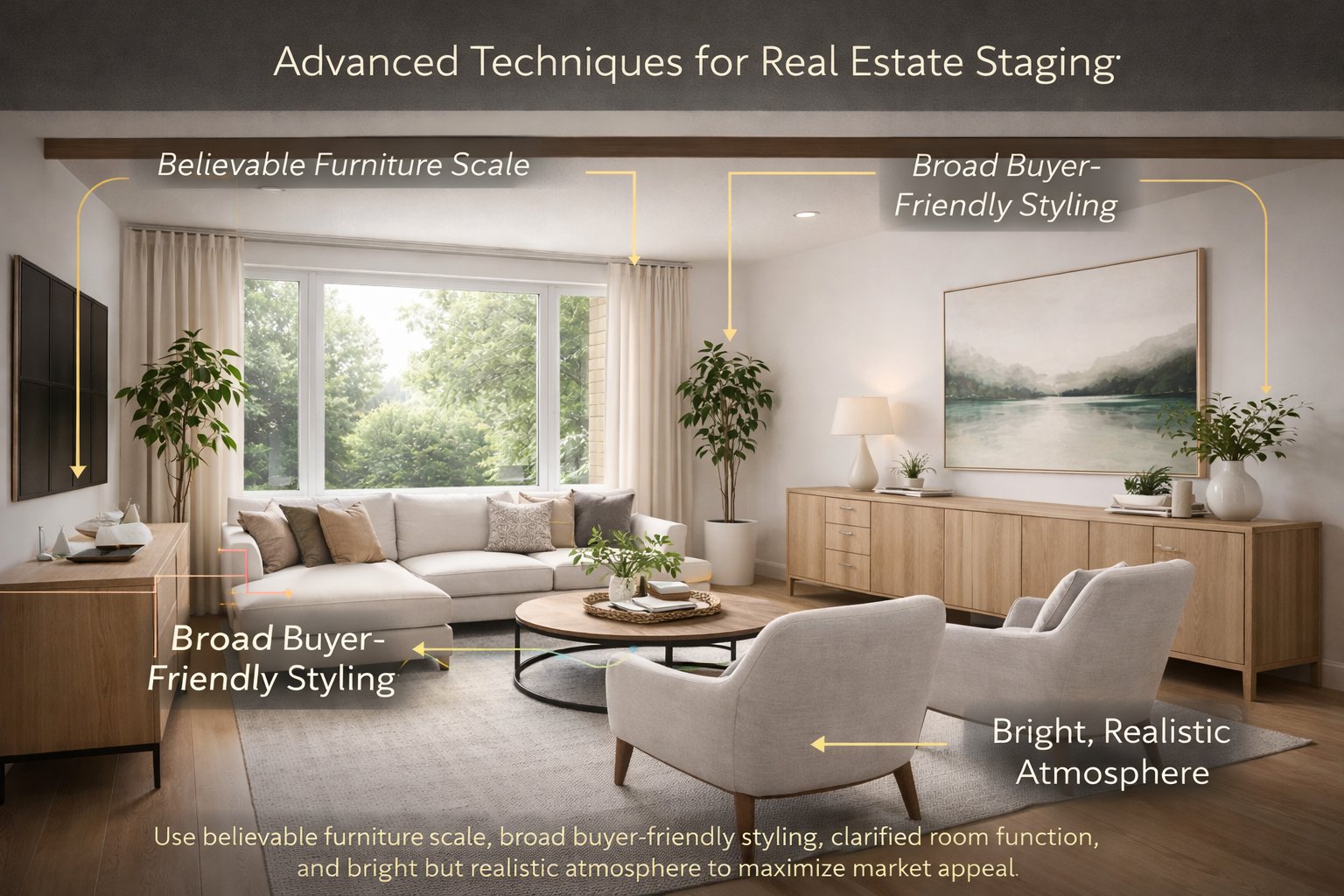 Advanced real estate staging techniques shown in a clean tutorial visual