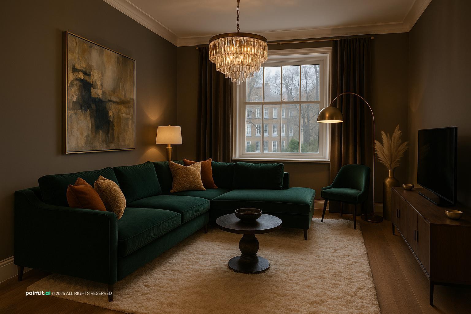 Living room with an emerald green corner sofa, a gold floor lamp, abstract art and a crystal chandelier