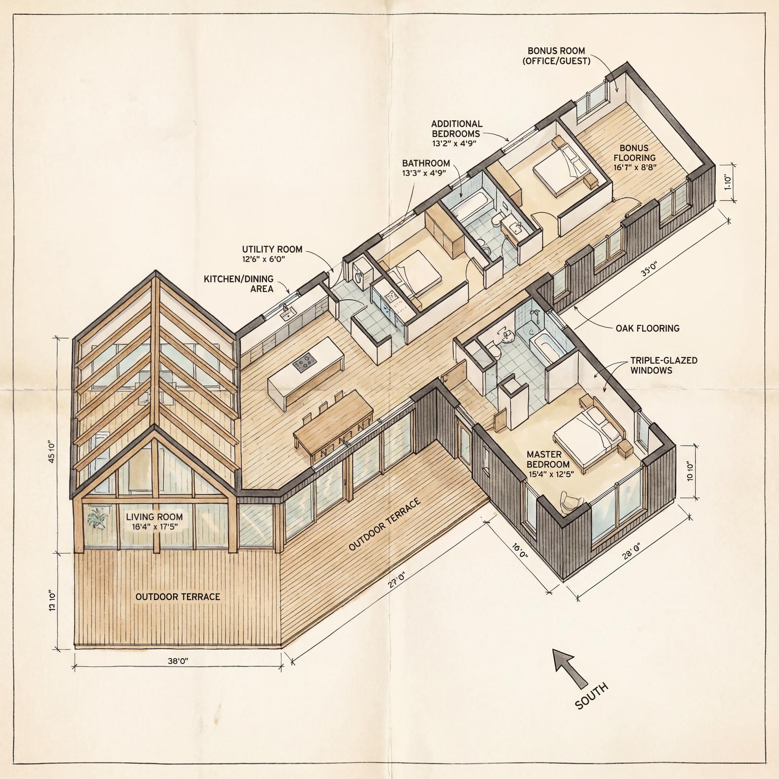 Scandinavian L-Shaped Family House Floor Plan 1960s living room