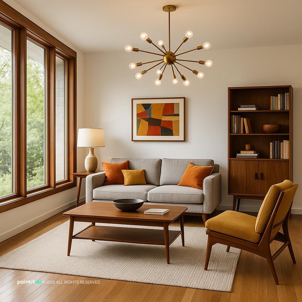 Mid-Century Modern Living Room Design, creating a warm classic gray living room atmosphere.