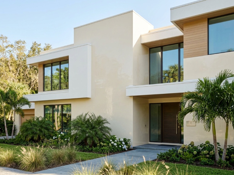 Florida stucco home with a premium ceramic coating finish in cream tone.
