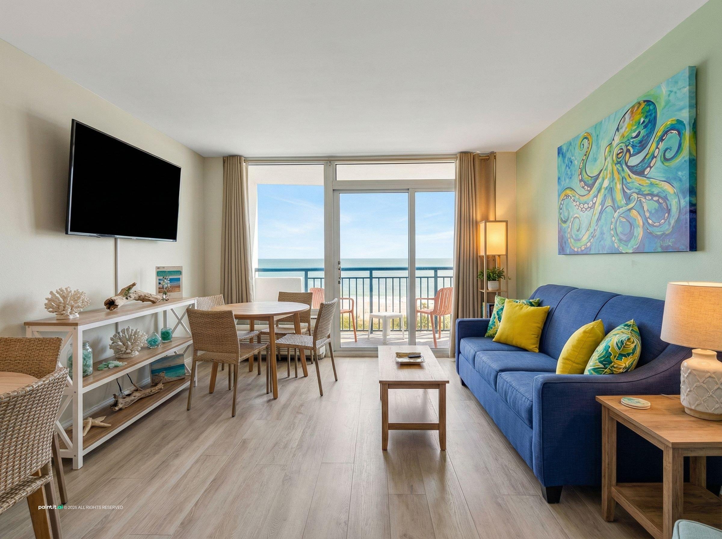 Coastal living room with a blue sofa, yellow cushions and an octopus mural