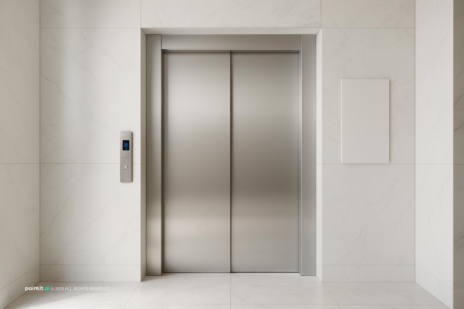 Stainless elevator doors framed by pale marble in a minimal lobby