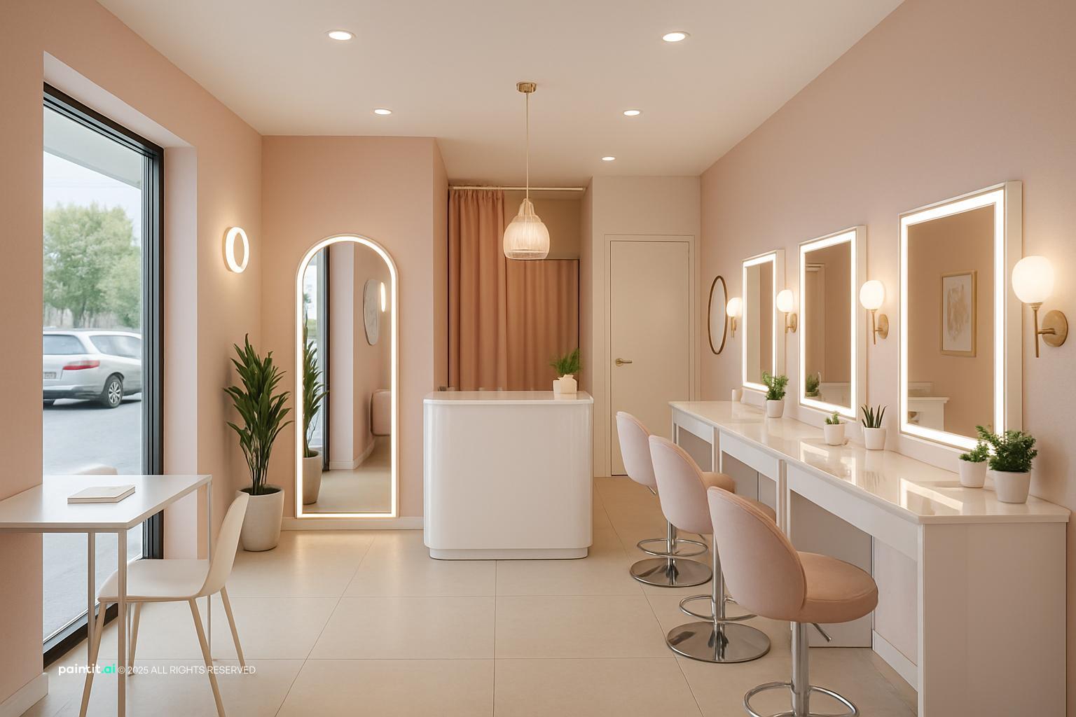Small beauty salon with arched mirrors, a white reception desk and pink chairs