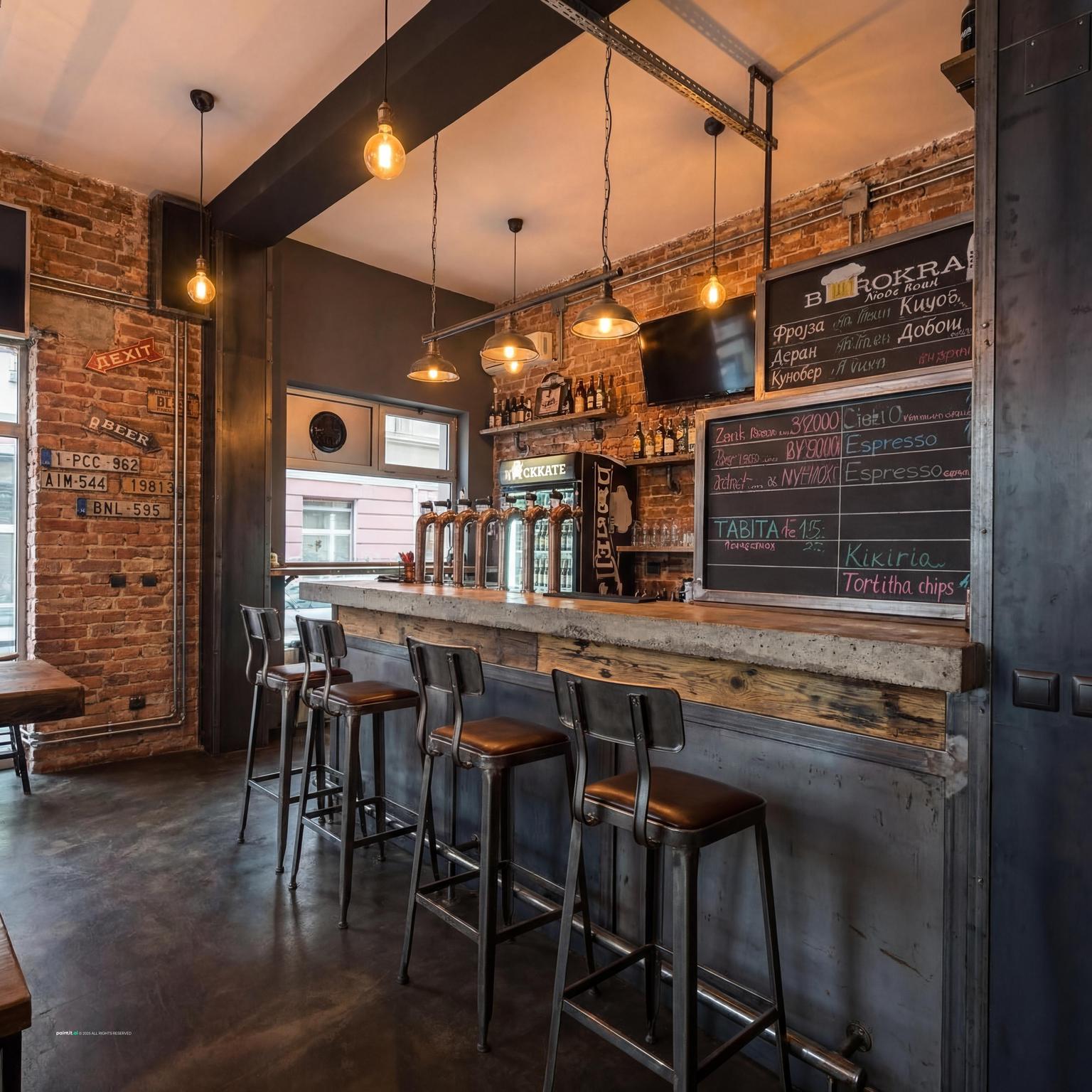 Pub with a brick wall, a long bar counter, metal stools and pendant lights in an industrial style