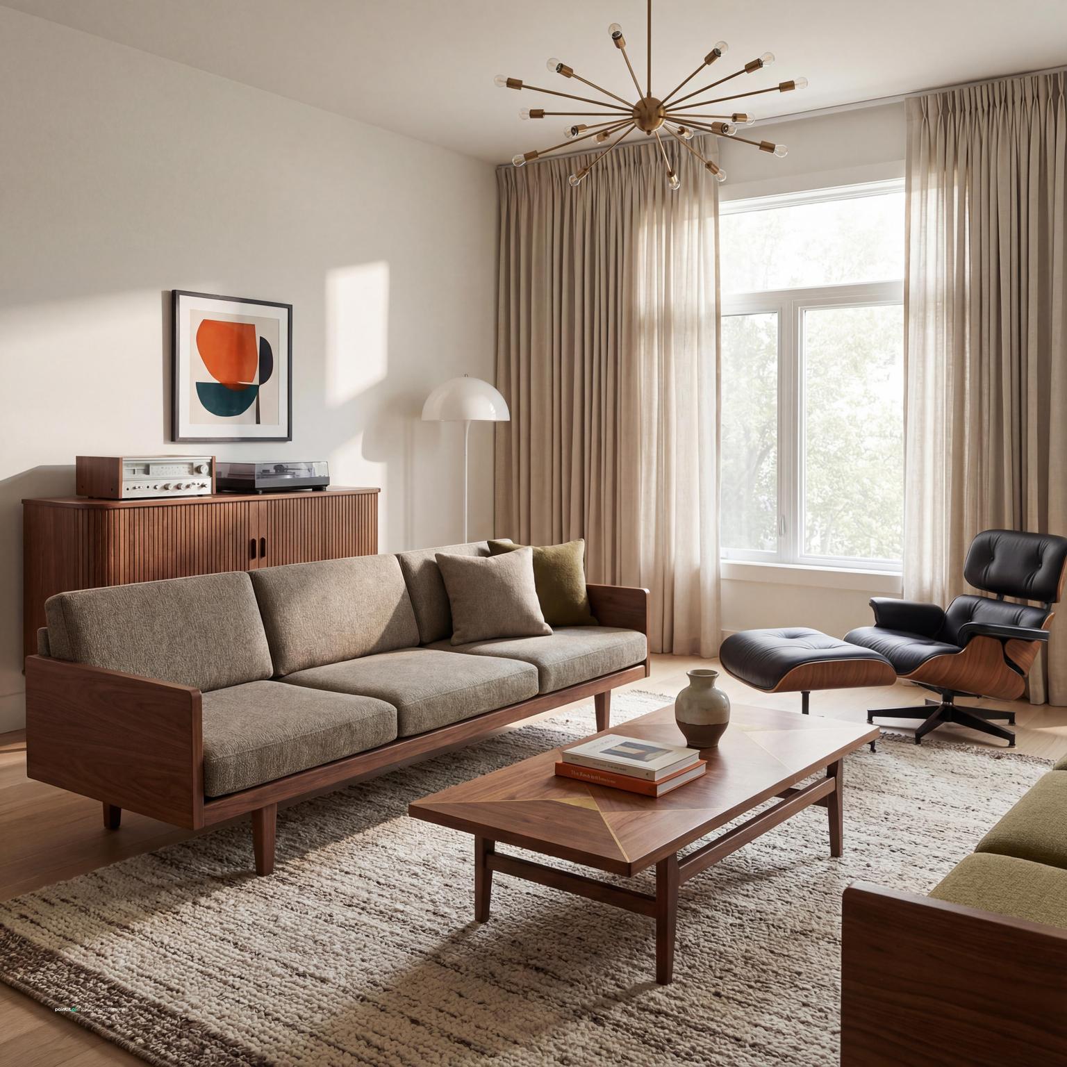 Mid century living room with a grey sofa, a teak sideboard and a patterned rug