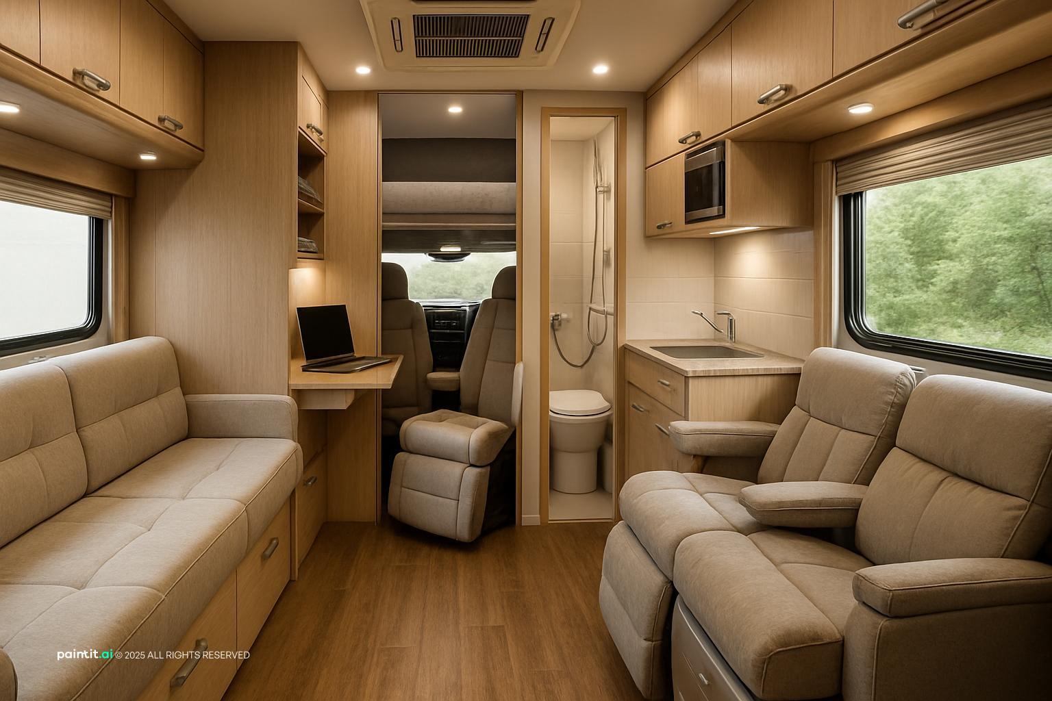 Caravan interior with recliner seats, wood cabinets and a small dinette