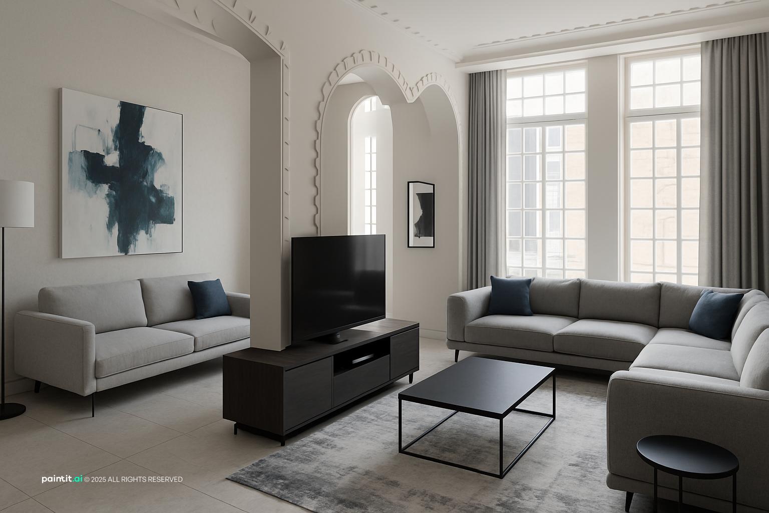 Contemporary living room with two gray sofas, a black coffee table, a TV and an arched doorway