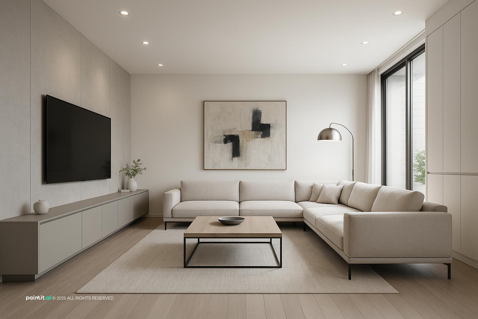 Modern Minimalist Living Room Design showing basement coziness, metal accents, layered neutrals for Basement Living Room Ideas.