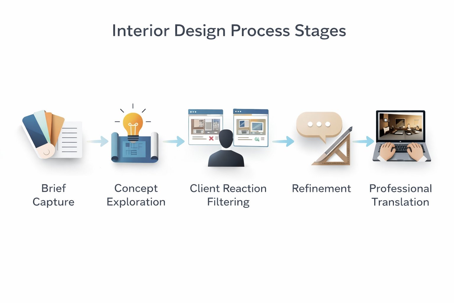Diagram showing how Paintit.ai fits into the interior design workflow from brief to concept to refinement