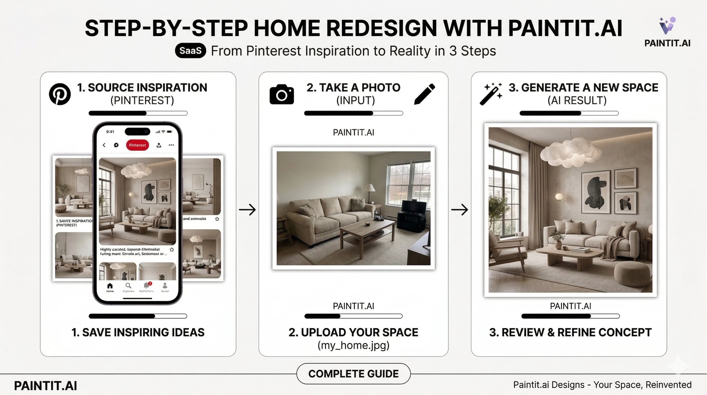 Pinterest inspiration workflow showing reference, input room, and final result