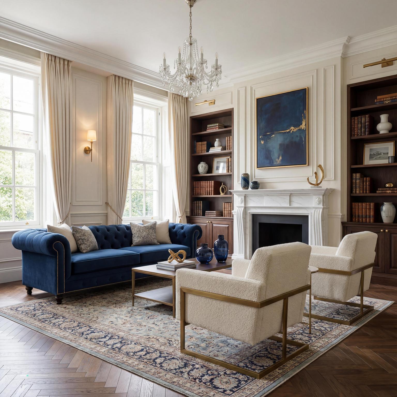 Elegant Neoclassic 1980s living room design, showcasing opulent finishes, plush seating, and a sophisticated pastel palette, characteristic of the decade.