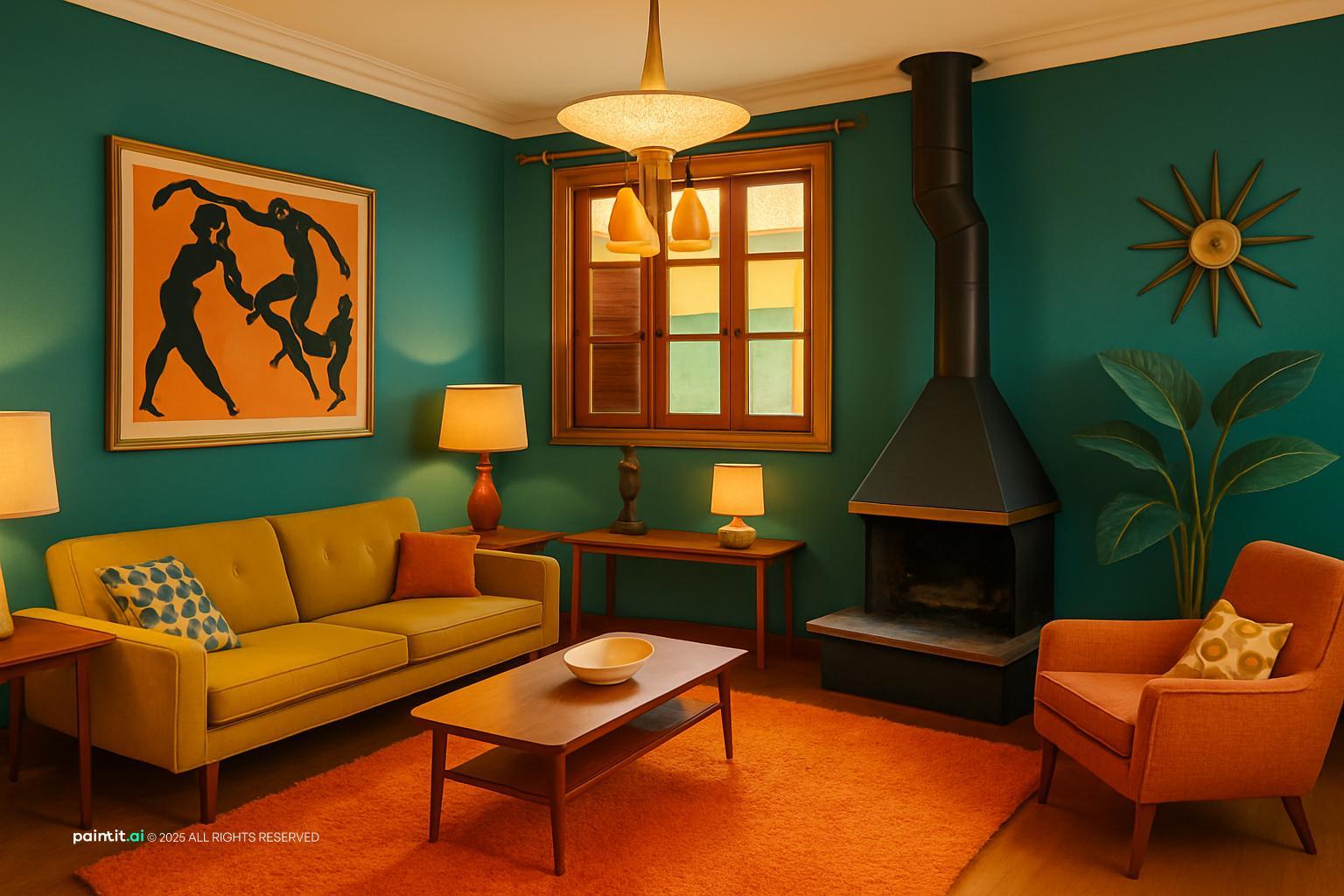 1950s living room with teal walls, a mustard sofa, a black cone fireplace and a sunburst clock
