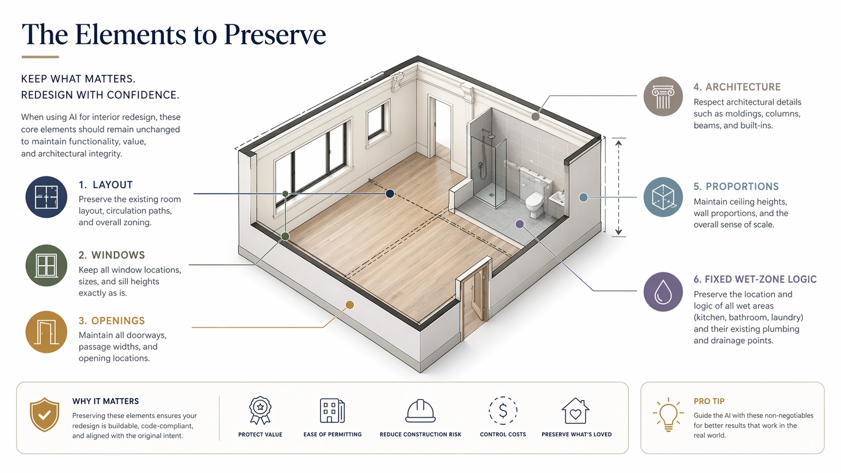 Diagram showing the main structural elements to preserve in Paintit.ai such as layout, windows, proportions, and room architecture