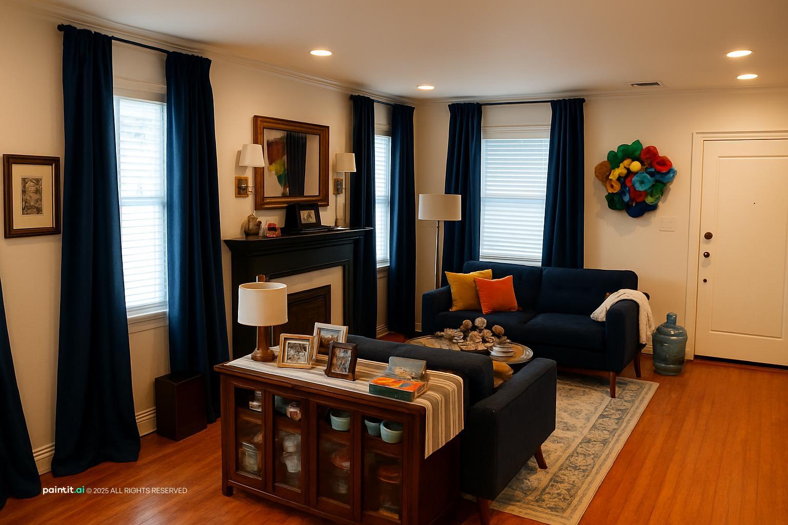 Navy Blue and Burnt Orange Living Room - Design Ideas | Paintit.ai - 4