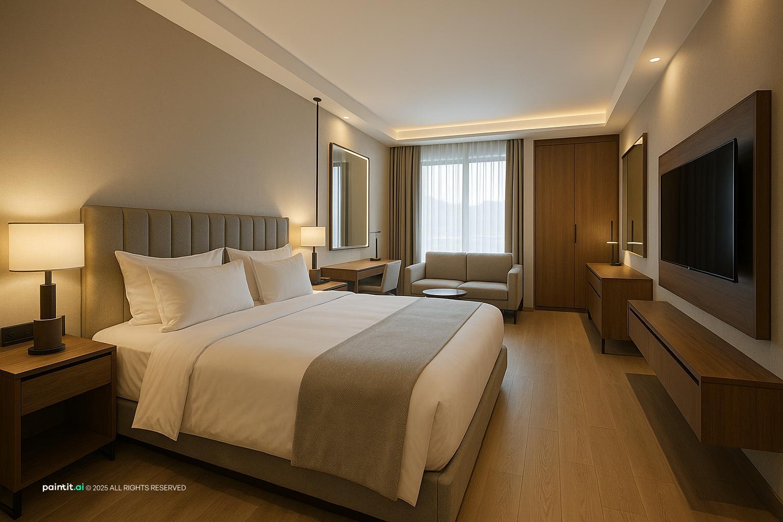 Modern hotel suite with a king bed, upholstered headboard, wall-mounted TV opposite the bed and a sofa by the window
