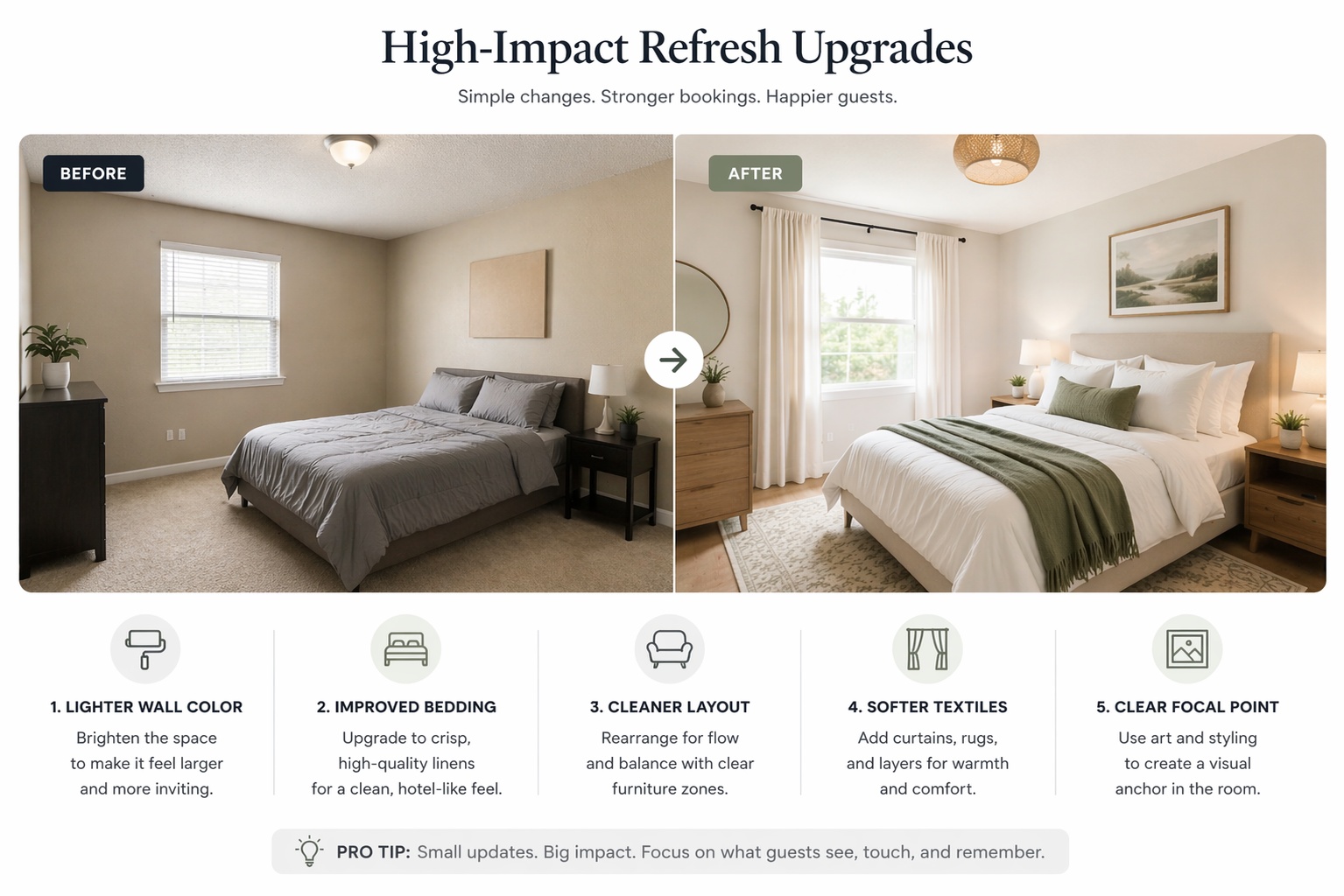 Educational comparison showing high-value rental refresh improvements like lighter walls, cleaner bedding, and better furniture grouping