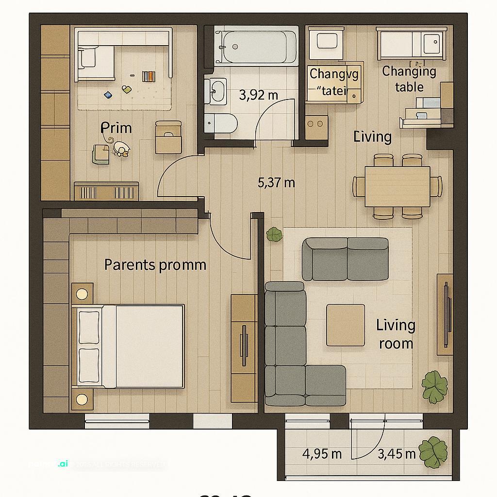 Stylish Apartment Layout for Family Living showing clear furniture layout, compact proportions, space-saving storage for Small Living Room Layout With Tv.