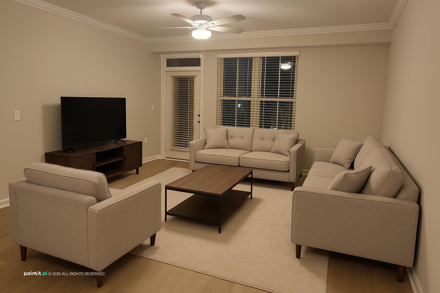 Living room with two beige sofas arranged in an L around a coffee table and a TV stand