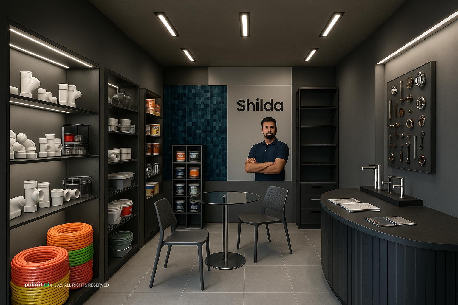 Modern hardware shop with dark wall shelving, product displays and a service counter