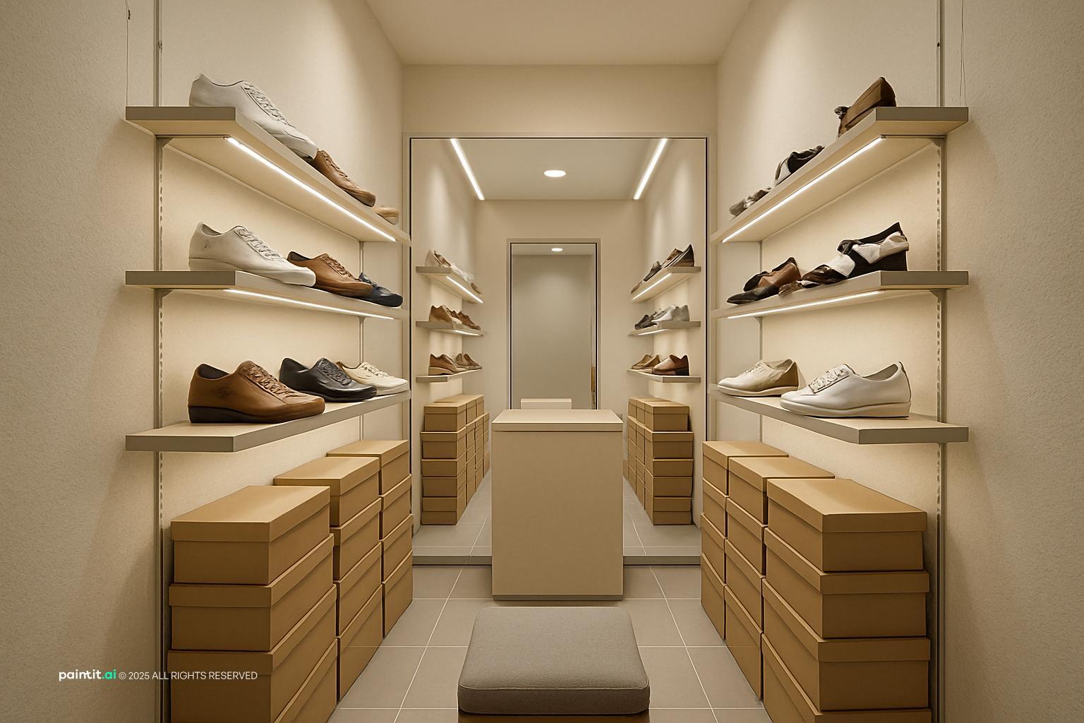 Small footwear shop with light wood wall shelves, shoe boxes stored below and a fitting stool in the center