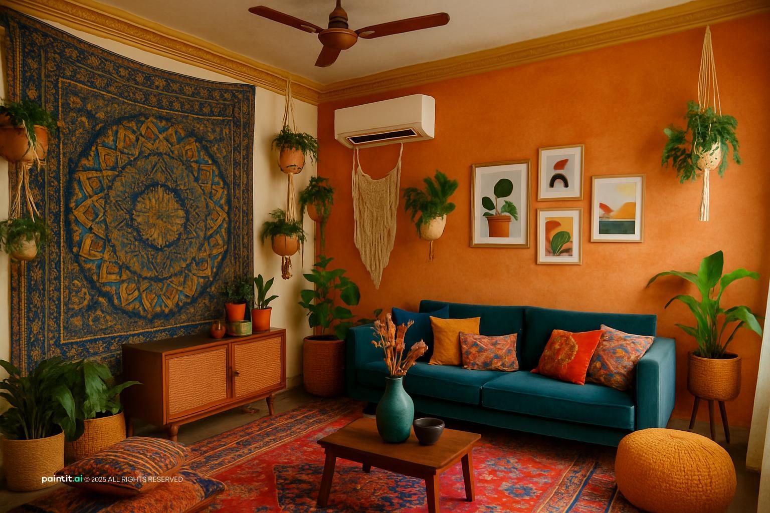 Bohemian living room with a teal sofa, an orange-mustard wall, a tapestry and hanging plants