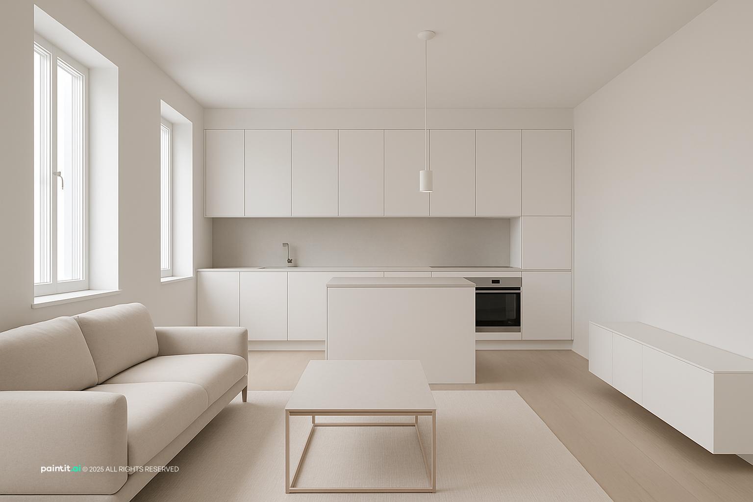 Minimalist wine red living room and kitchen redesign, clean handle-less surfaces and light neutral palette.
