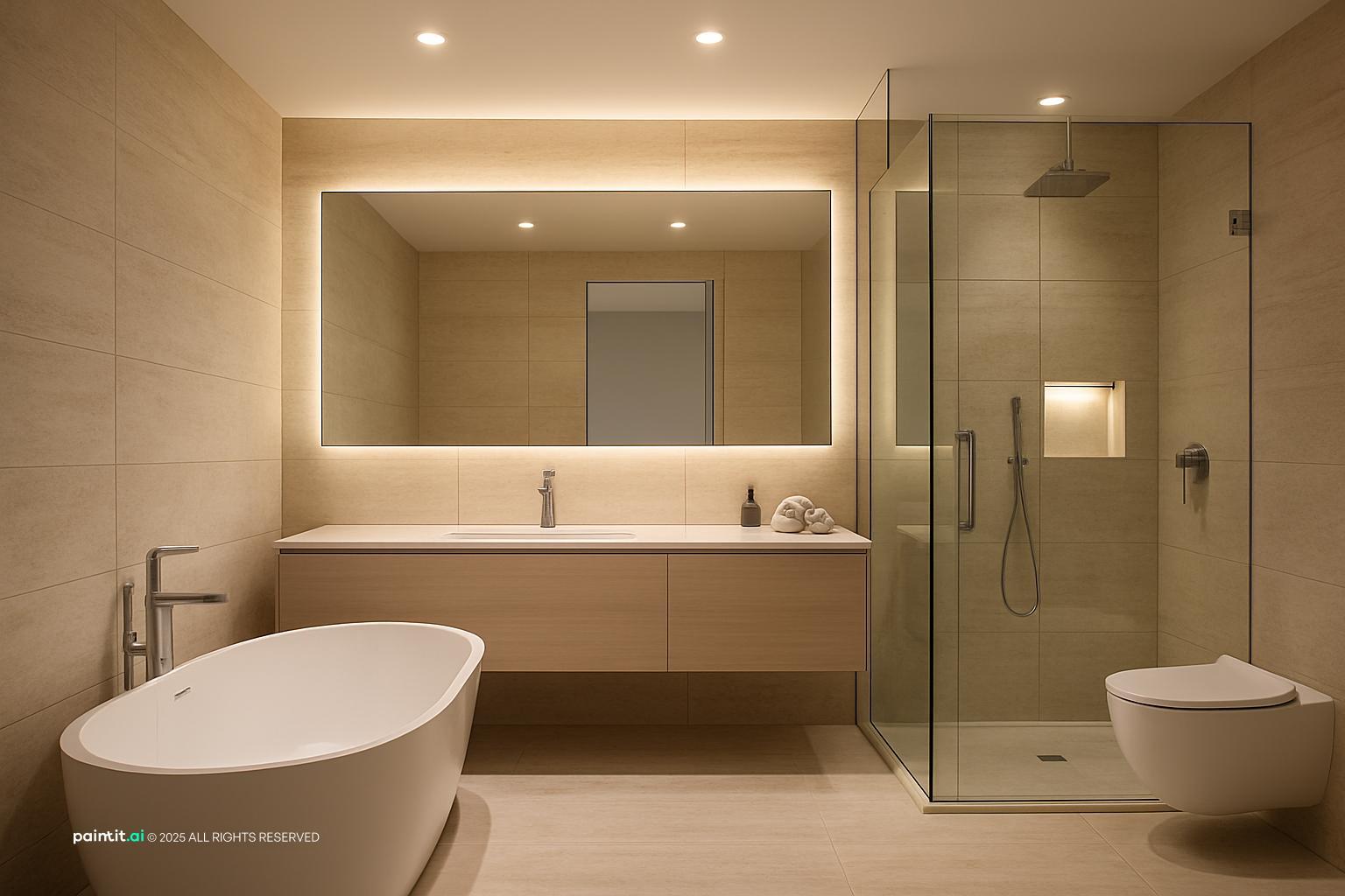 Bathroom finished in one travertine stone across floor and walls, with a freestanding tub and backlit mirror