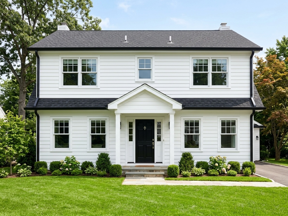 White house with black fascia trim and white window frames  with black grids for a balanced airy exterior look