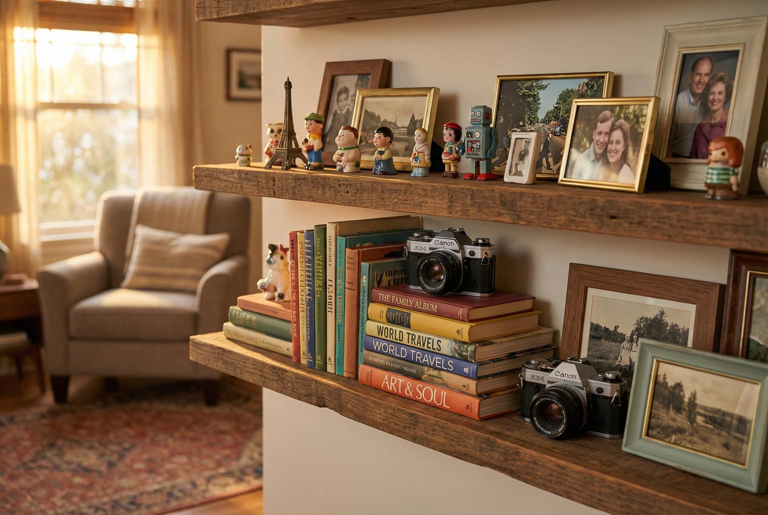 living room, mix of vintage retro cameras, colorful books, quirky souvenir figurines, and framed family photos