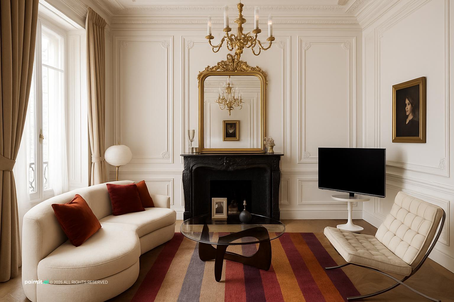 Classic living room with white wall panels, a gilded chandelier, a curved cream sofa and a black fireplace