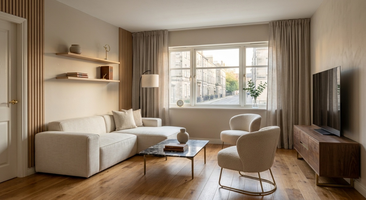 photorealistic small living room in quiet luxury style, city apartment with one large window and existing oak floor, low modular sofa, boucle armchairs, walnut wood media console, marble coffee table, brass accents,