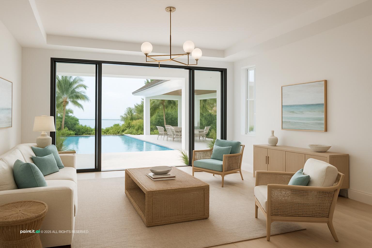 Bright South Florida living area with pale furniture, woven textures and a sliding door to a pool