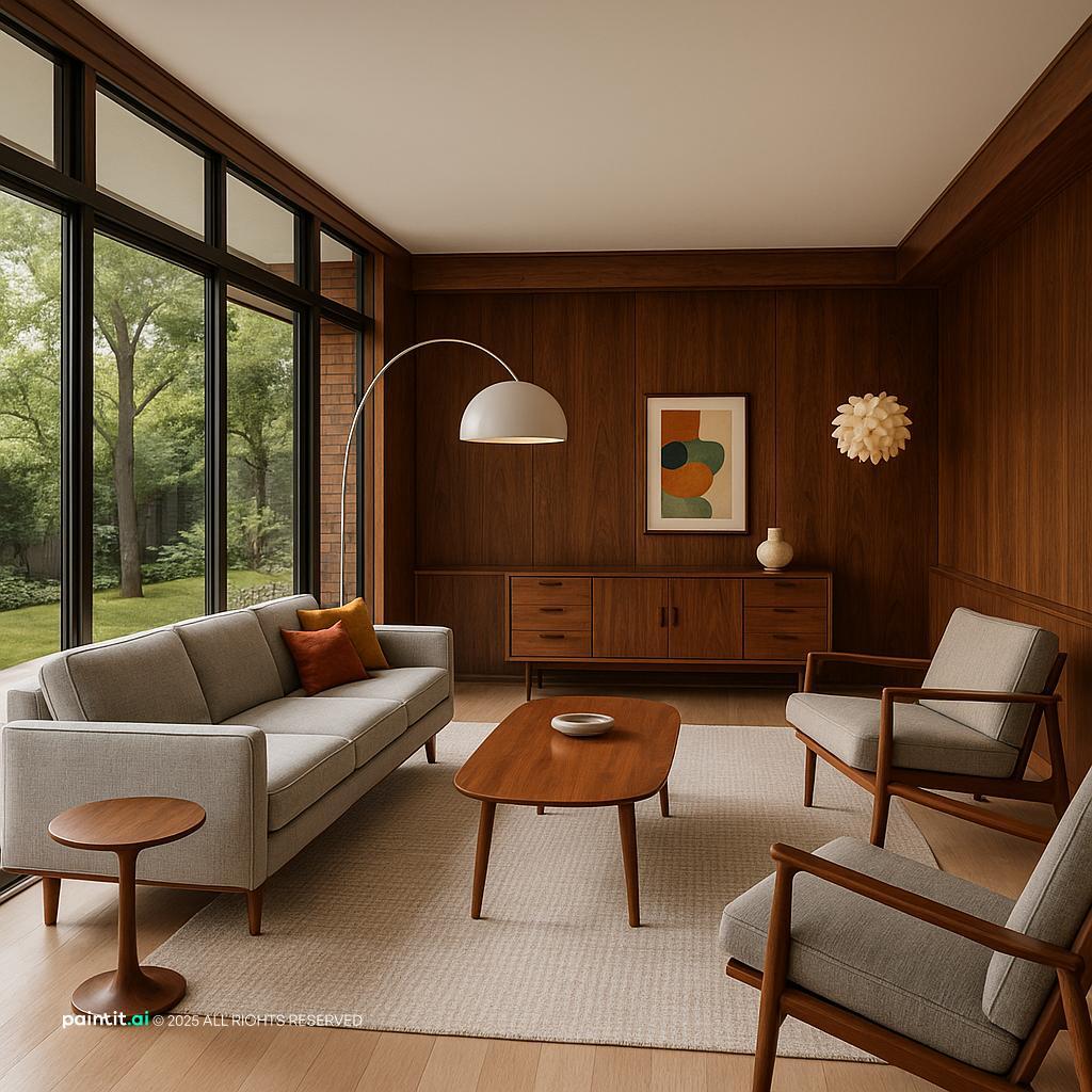 Elegant Mid-Century Living Room Design showing warm wood, soft textiles, clean-lined furniture for Big Living Room Ideas.