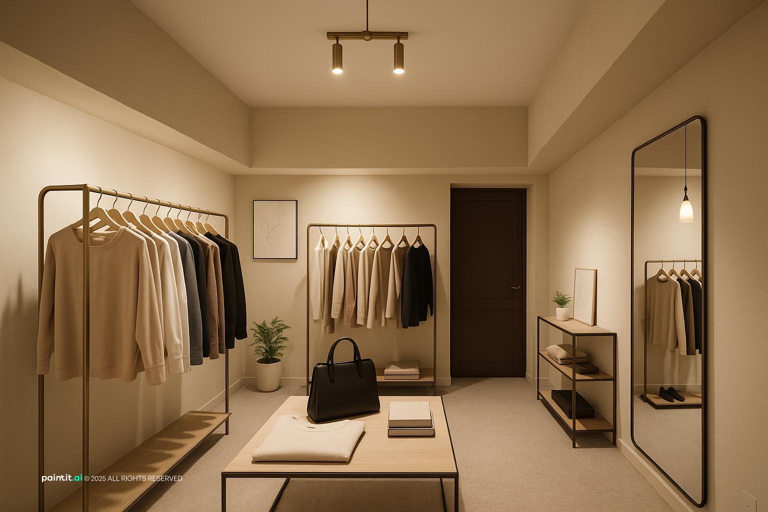 Small clothing shop in a basement with wall rails, a mirror, a bench and warm track lighting