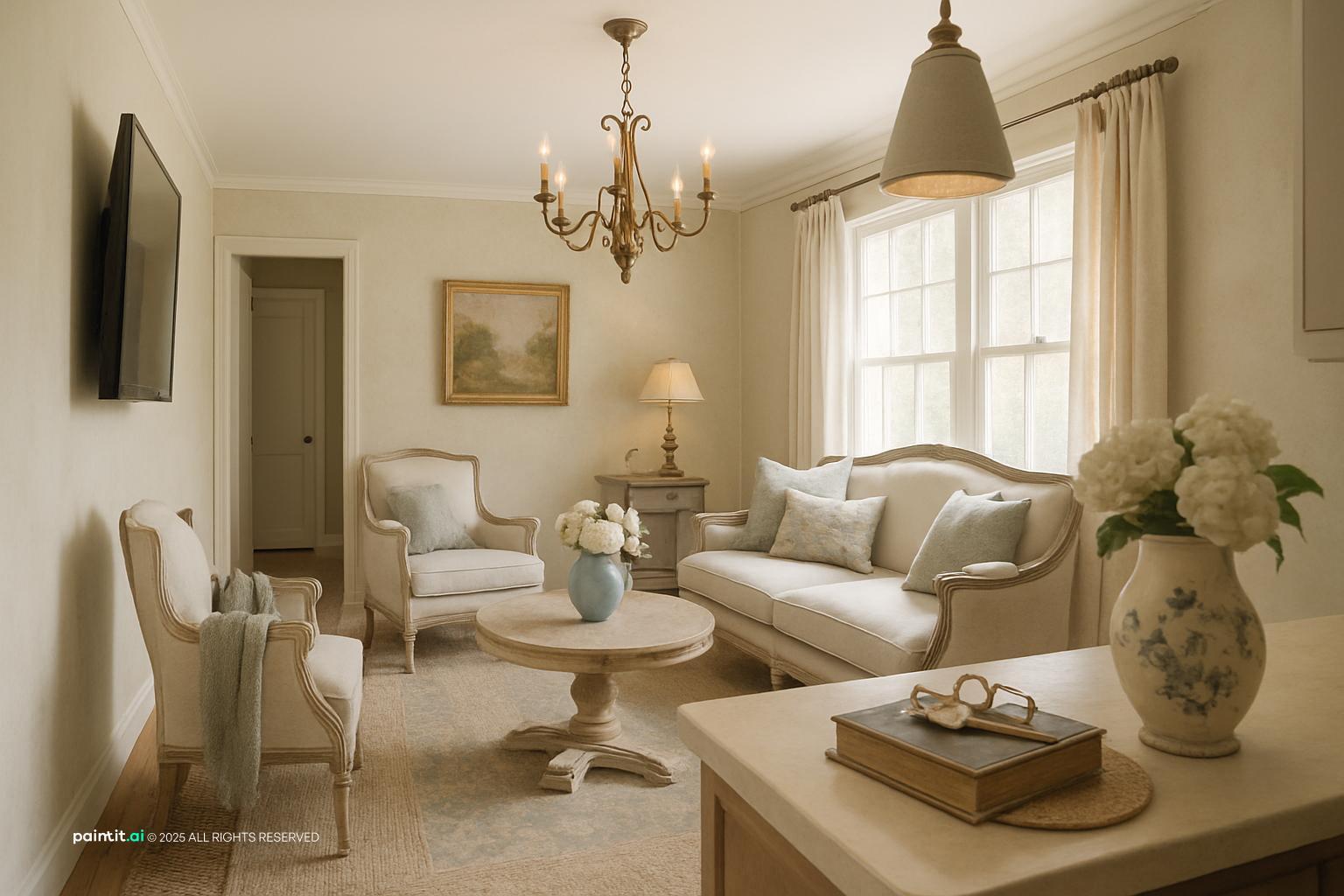 French country living room with carved armchairs, a round pedestal table, a pendant lamp and a chandelier
