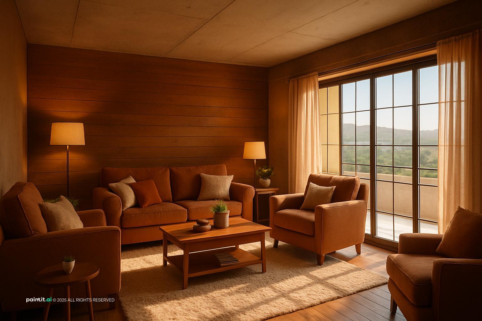 Earthy living room with rust sofas, wood-panelled walls, warm lamps and tall windows onto green hills