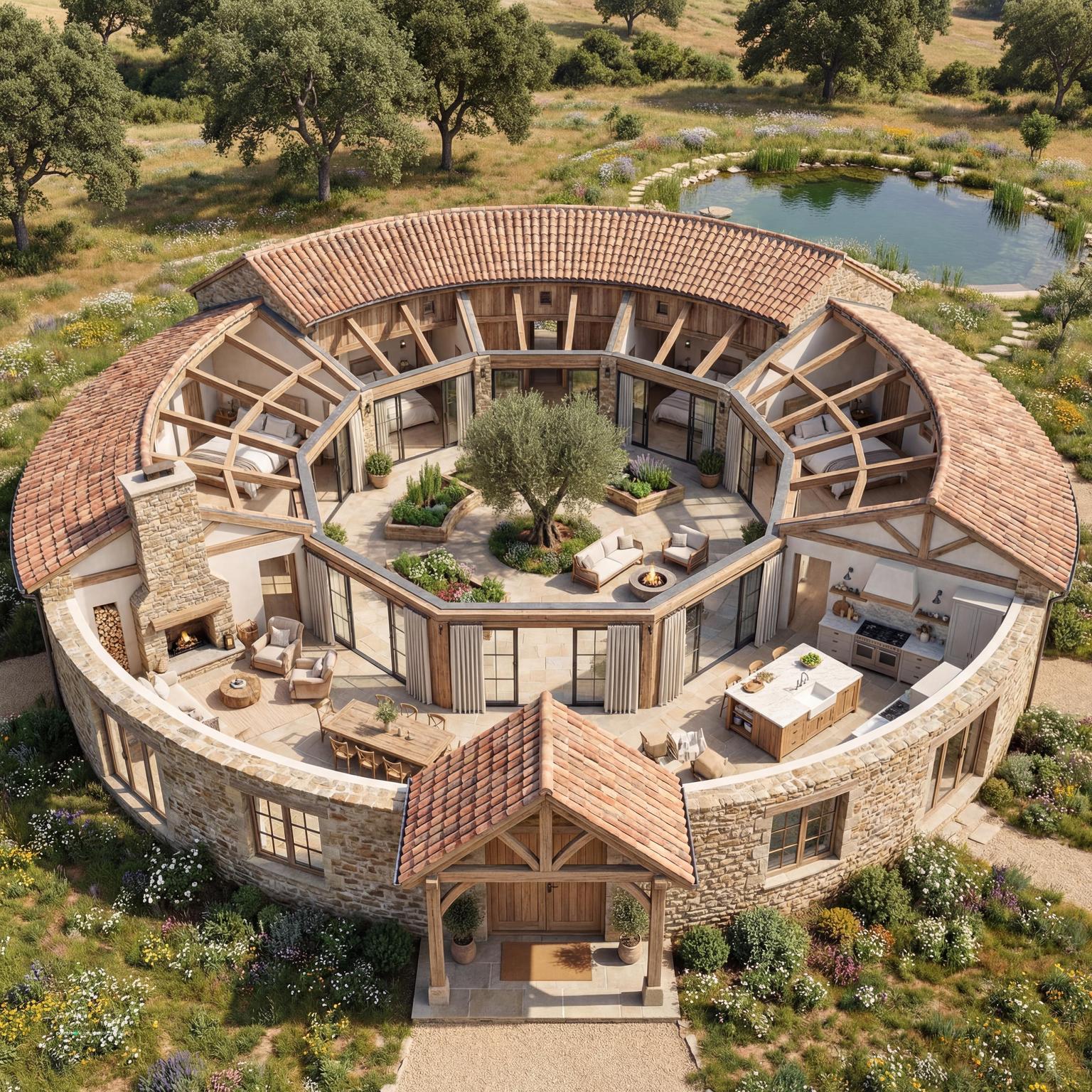 Charming circular country home whimsical living room design, featuring unique architectural elements and cozy, enchanting rustic details.