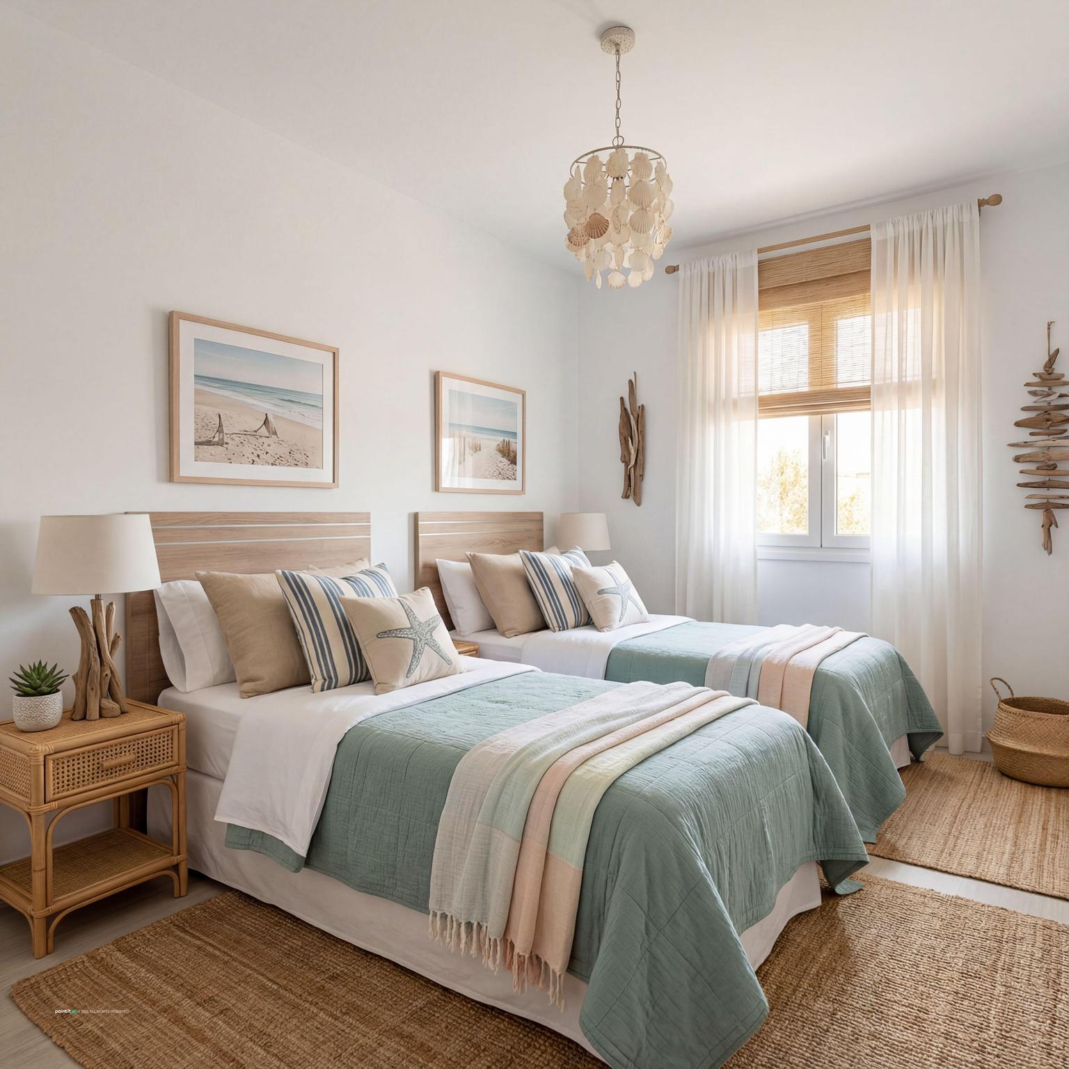Old Florida coastal interior with rattan wicker seafoam coral beadboard and tropical vintage details 3