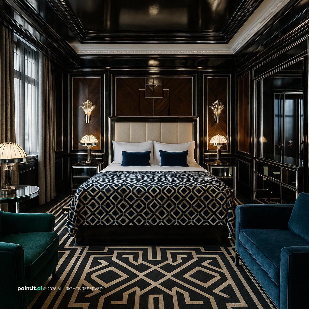 Art Deco hotel room with glossy black panelling, a geometric rug, a patterned bedspread and emerald velvet chairs