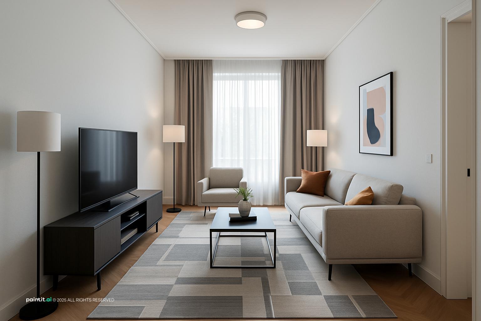 Modern family living room with a gray sofa, a patterned rug and bright neutral lighting
