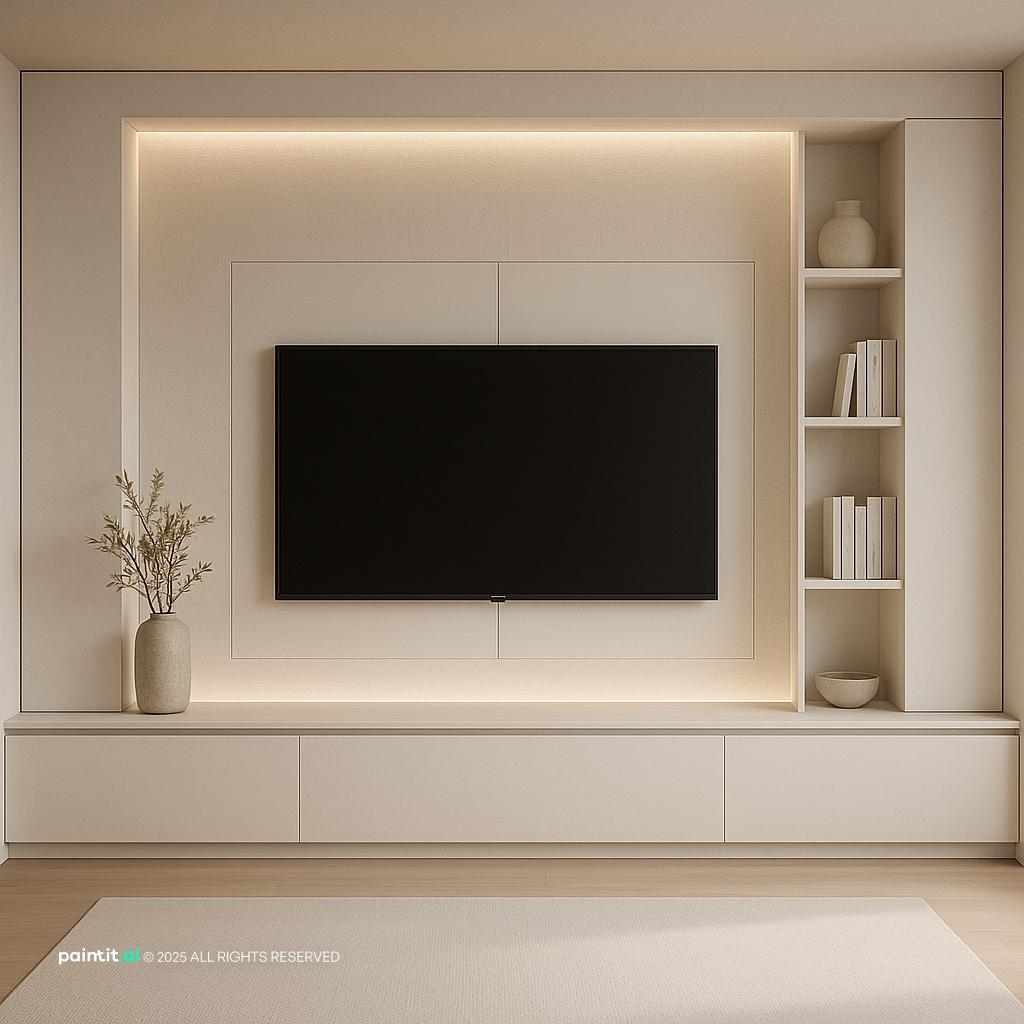 Stylish minimalist living room TV panel design, integrating technology seamlessly into a clean, modern, and zen-inspired space.