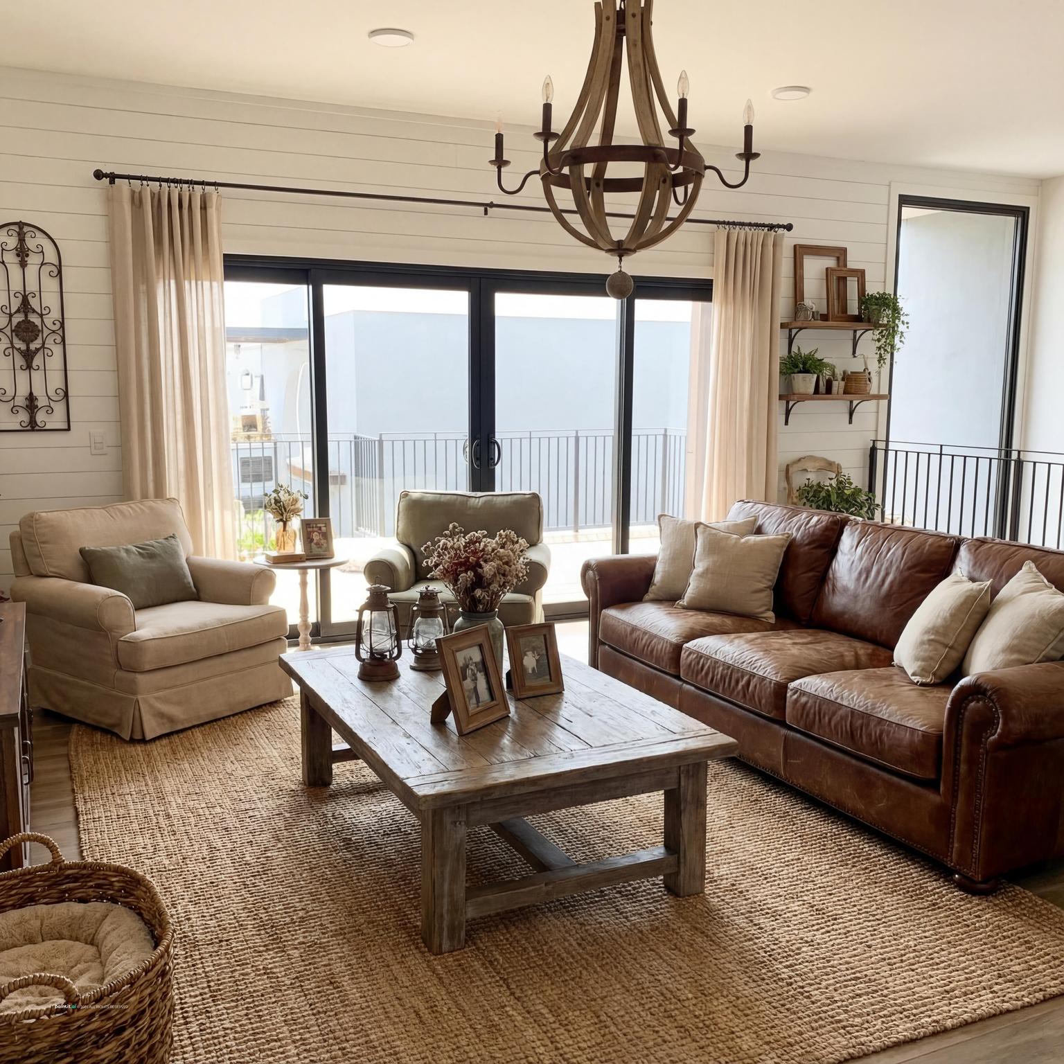 Rustic farmhouse living room with a wooden chandelier, a leather sofa, a jute rug and a wooden coffee table