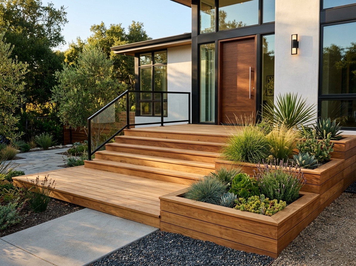 Two-level cedar front deck with built-in integrated planters and ornamental grasses on the lower level